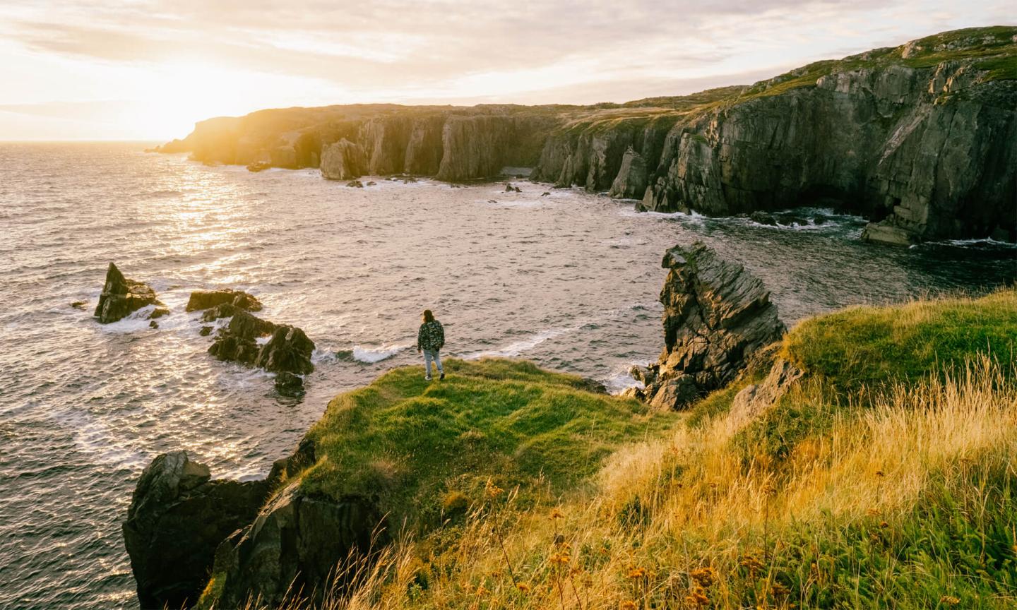 A person standing on a grassy cliff edge overlooking a rugged coastline.
