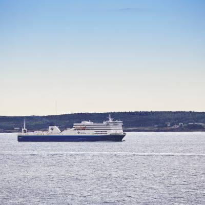 A shot captured from the shoreline of the Marine Atlantic Highlanders ferry as it sails past a tree covered embankment. 