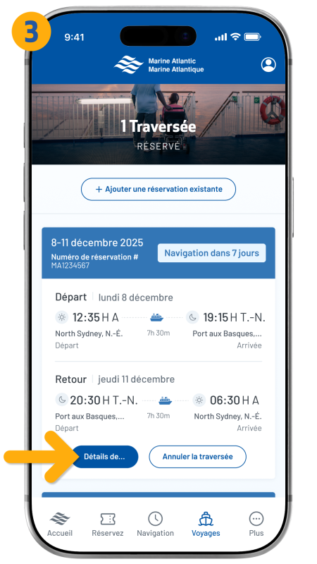 arrow pointing to booking details button