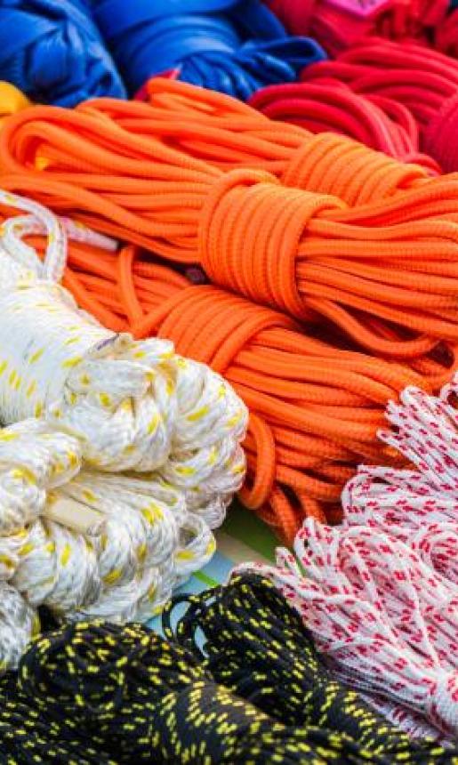 Several colourful types of industrial rope.